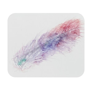 May include: A watercolour painting of a single feather with shades of pink, purple, and blue.