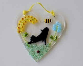 Cat in the Garden Heart Suncatcher / fused glass / FREE SHIPPING