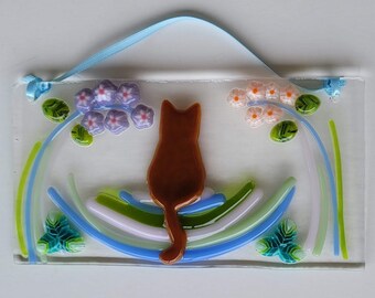 Brown Cat in the Garden Suncatcher / fused glass/ FREE SHIPPING