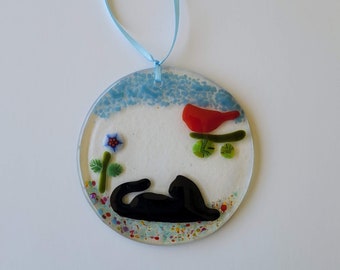 Resting Cat Suncatcher / fused glass / FREE SHIPPING