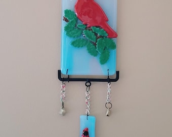 CARDINAL Wind Chime / Fused Glass/ FREE SHIPPPING