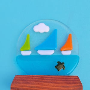 Ocean Sail Boats/ Fused Glass/ Wooden Stand Included/ FREE SHIPPPING