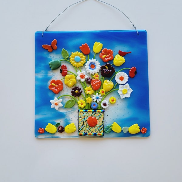 Large Sparkly Colorful Flower Vase Wall Hanging / Fused Glass/ FREE SHIPPING