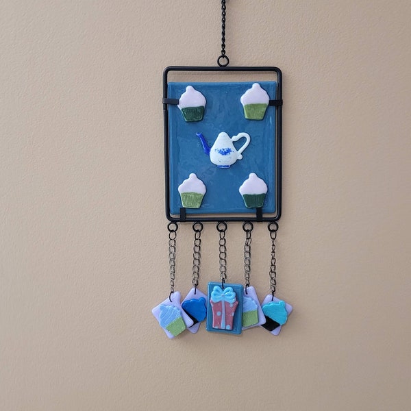 Cupcake and Tea Party Wind Chime/ Fused Glass/ FREE SHIPPING