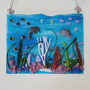 Manatee and Dolphin Ocean Scene Suncatcher / Fused Glass/ FREE SHIPPPING