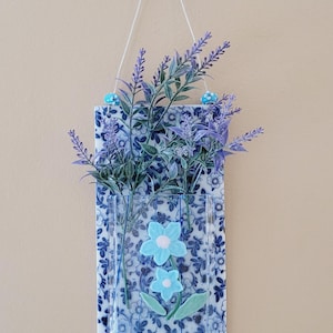 Blue Chintz  Flower Wall Vase / Fused Glass/ FREE SHIPPING