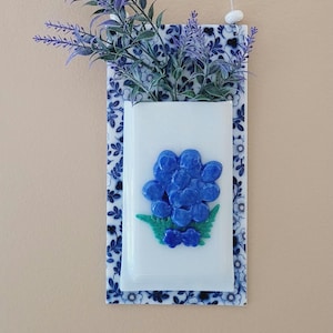Blue Chintz  Flower Wall Vase / Fused Glass/ FREE SHIPPING