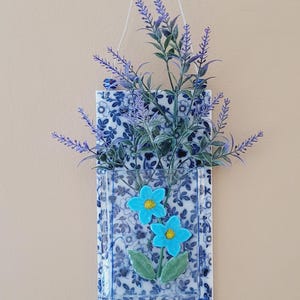 Blue Chintz  Flower Wall Vase / Fused Glass/ FREE SHIPPING
