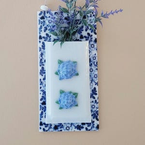 Blue Chintz  Flower Wall Vase / Fused Glass/ FREE SHIPPING