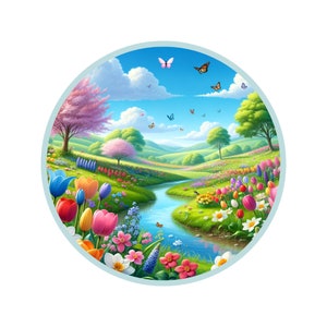 May include: A colourful illustration of a spring meadow with a winding stream, surrounded by vibrant flowers, including tulips, daisies, and wildflowers. Butterflies flutter in the blue sky above.