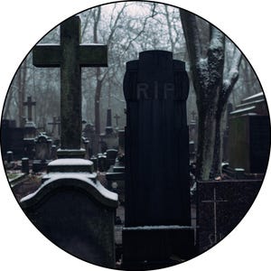 May include: A black and white photograph of a cemetery with a large tombstone that reads "RIP". The tombstone is surrounded by other tombstones and trees. The ground is covered in snow.
