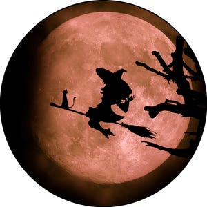 Halloween Witch Flying Metal Sign - Spooky Moon Scene - Witch and Cat Silhouette - Halloween Decor - Available in Multiple Sizes