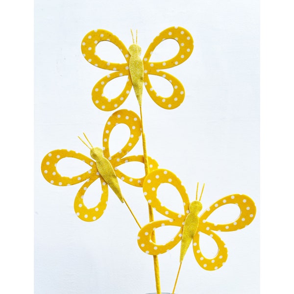 Yellow Gingham Easter Butterfly Floral Spray, Springtime Butterfly Floral Pick, Wreath Filler Picks, Vase Filler, Home Accents