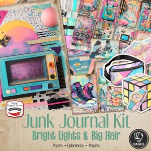 Bright Lights & Big Hair Junk Journal Kit | Printable 80s Retro Newspaper Ephemera, Pages, Pockets, Fussy Cuts, Background Papers Tech SP045
