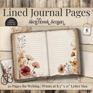 May include: Open journal with lined pages, featuring floral illustrations in shades of orange, red, and peach. The text reads "Lined Journal Pages" and "Sketchbook Season". Includes 20 pages for writing, prints at 8.5" x 11" letter size.