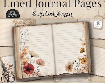 May include: Open journal with lined pages, featuring floral illustrations in shades of orange, red, and peach. The text reads "Lined Journal Pages" and "Sketchbook Season". Includes 20 pages for writing, prints at 8.5" x 11" letter size.