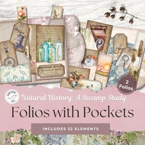 Folios vintage Histoire naturelle des marais | Botanique floral héron aigrette libellule flamant rose boussole lanterne plume appareil photo étiquettes poches eau SP009
