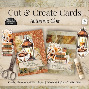 Op de afbeelding: Herfst-thema kaartenmaakset met de tekst "Cut & Create Cards" en "Autumn's Glow". Bevat kaartelementen, enveloppen en prints van 21,6 cm x 27,9 cm. Illustraties van lantaarns, boeken, bloemen en de zinnen "Cozy Thoughts and Well Wishes" en "The Simple Joys are Autumn Days."