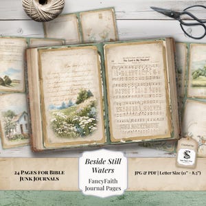 Może przedstawiać: Otwarta książka z kartkami w stylu vintage, teksturami postarzanego papieru, kursywą i drukowanym zapisem nutowym zatytułowanym The Lord is My Shepherd. Strony zawierają ilustracje trawiastego krajobrazu i białych polnych kwiatów.