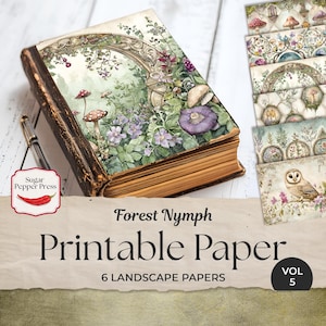 Páginas de diário de lixo da Enchanted Forest, scrapbooking floral vintage verde, papéis digitais de animais roxos, jardim botânico francês de primavera, SP038