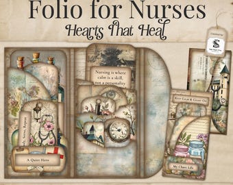 Puede incluir: Un folio para enfermeras con el texto "Folio for Nurses Hearts That Heal". El diseño incluye ilustraciones de estilo vintage de herramientas médicas, flores y citas. El folio es un proyecto de impresión y montaje, de tamaño 21,6 cm x 27,9 cm.