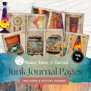 Pagine di diario di vecchie signore hippie Peace Love Curves Vol. 4 / Groovy Women Retro Paper Boho Rainbow Flower Van Scrapbook Kit Ephemera SP018