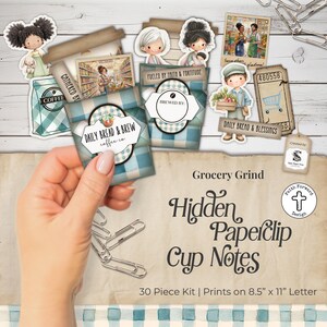 May include: A 30-piece kit of Grocery Grind Hidden Paperclip Cup Notes featuring illustrated characters, coffee-themed graphics, and labels with text like Daily Bread & Brew, Fueled by Faith & Fortitude, and Daily Bread & Blessings on 21.6 x 27.9 cm paper.