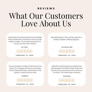 May include: A graphic with the title "What Our Customers Love About Us" and customer reviews. The reviews are in a light beige color with black text and gold star ratings. The reviews are dated February 15, 16, 17, and 18, 2026.