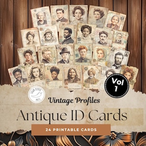 Vintage Profiles Antique ID Cards Vol 1 | 24 Wydrukowane Antique ID Cards do Junk Journals, Scrapbookingu, Mixed Media Art, Ephemera SP029