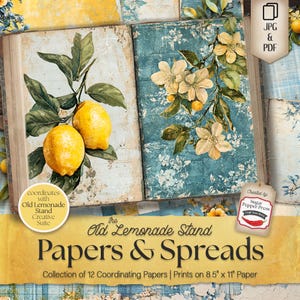 Papeles para diario vintage con motivos de limón / Fondos y páginas imprimibles / 12 páginas para hacer álbumes de recortes, collages y tarjetas SP052