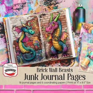 Dragon Graffiti-pagina's voor ongewenste dagboeken | Kleurrijke afdrukbare pagina's en achtergrondpapier, digitaal plakboekpapier, fantasy-collagebladen JJ005
