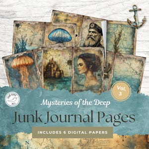 Vintage Nautische Junk Journal Seiten Mysteries of the Deep Vol 3 | Blau Grün Ozean Qualle Meer Ephemera Scrapbook Schildkröte Grunge Kit SP017