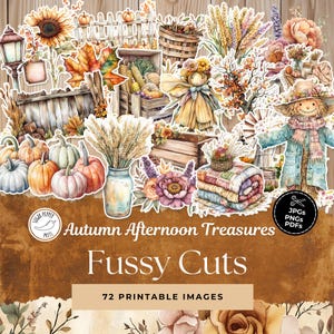 Tesouros da tarde de outono Fussy Cuts | 72 itens efêmeros imprimíveis para o diário de lixo de outono e scrapbooking, curiosidades do armário de fazenda SP026