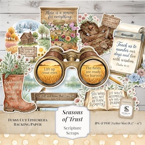 May include: A collection of die-cut paper ephemera featuring religious themes, including a pair of binoculars with text, a boot planter, a wooden bench, a garden scene, a notepad with Psalm 90:12, and an open book with Isaiah 55:11.