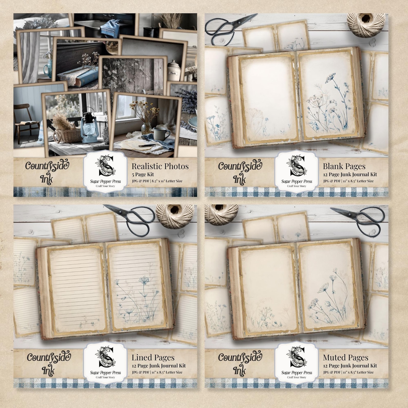 Blue Farmhouse Junk Journal Pages Vol. 1 | Printable Shabby Chic Papers ...