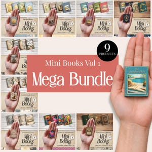 May include: A collection of nine sets of miniature books, each featuring four small volumes with illustrated covers. The bundle includes various themes such as nature, fantasy, and classic designs, with text labels like Mini Books Vol 1 Mega Bundle.
