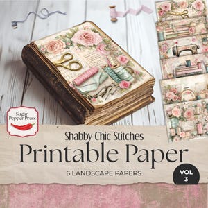 Papel de fundo de costura Shabby Chic Stitches Vol 3 | Papel de diário vintage floral animal Junk para scrapbooking e cardmaking SP043