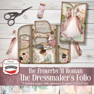 Diario de costura con estilo shabby chic, folio vintage de modista Proverbios 31 (descarga digital)