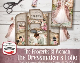 Shabby Chic Seamstress Faith Junk Journal, Proverbs 31 Vintage Dressmaker Folio (Digital Download)