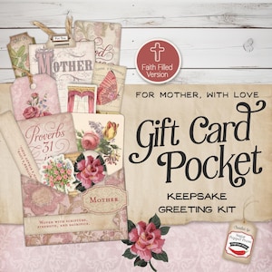 Peut inclure: Une pochette pour carte cadeau rose et blanche avec un motif floral et le texte "Pour Maman, Avec Amour" et "Pochette pour Carte Cadeau". La pochette est en papier et a un aspect vintage. C'est un kit de vœux de souvenir.