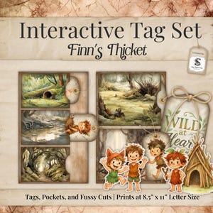 May include: An interactive tag set titled "Finn's Thicket" featuring illustrations of forest scenes and cartoon characters. The set includes tags, pockets, and fussy cuts, printed at 8.5" x 11" letter size. The words "WILD at Heart" are visible on a tag.