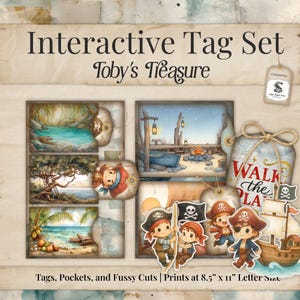 Diario pirata de playa con etiquetas de bolsillo y recortes para niños, imprimible interactivo "Ocean Boy", descarga digital, imprimible de verano SP090
