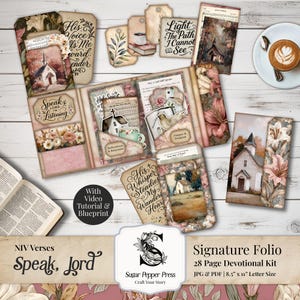 May include: A devotional kit with a floral and vintage aesthetic. The kit includes a variety of tags, cards, and a booklet with illustrations of churches, flowers, and inspirational quotes. The text includes "Speak, Lord" and "Signature Folio".