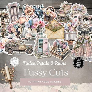 Dziennik śmieci opuszczonych domów Fussy Cuts Faded Petals & Ruins | Vintage Shabby Chic Floral Distressed Halloween Gothic Boho Printable SP022