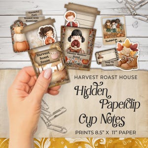 Puede incluir: Una colección de notas de taza con clip de papel con temática otoñal, con ilustraciones de calabazas, niños y tazas de café. El texto incluye "Harvest Roast House", "Sweater Weather Blend" y "Cozy Up Season". Impresiones en papel de 21,6 cm x 28 cm.