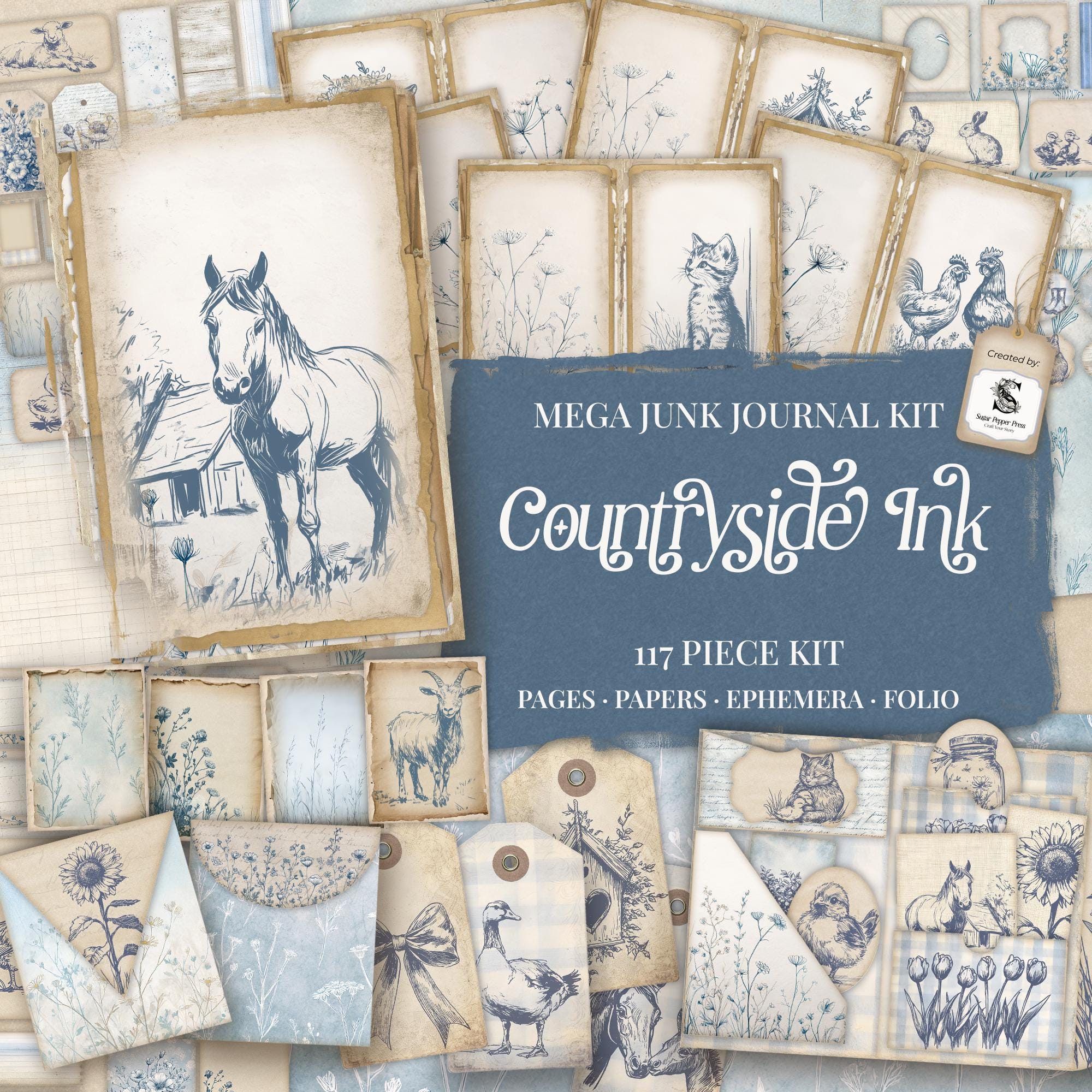 Blue Farmhouse Junk Journal Mega Kit | Printable Pages, Papers ...