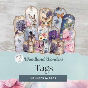 Waldtier Anhänger | 14 Vintage, Florale, wunderliche Wald Designs | Blau, Lila Pfingstrosen | Von der Natur inspiriert, Junk Journal, Printable SP001