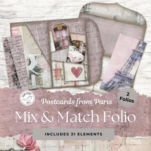 Postkarten aus Paris Mix & Match Folio Kit | 31 Ephemera Junk Journal Pariser romantisch Vintage Liebe Printable Rosa Shabby Chic Reisen