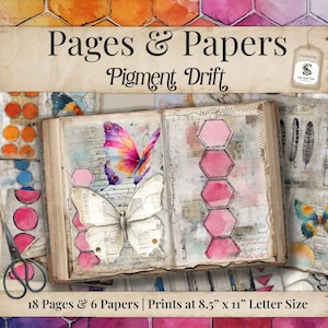 May include: An open book with watercolor and collage art. The pages feature butterfly illustrations and pink geometric shapes. The cover reads "Pages & Papers" and "Pigment Drift". The prints are 8.5" x 11" in size.