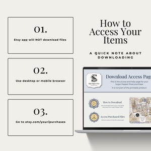 May include: A graphic with instructions on how to access digital downloads from Etsy. The text includes: "How to Access Your Items," "Etsy app will NOT download files," "Use desktop or mobile browser," and "Go to etsy.com/your/purchases."